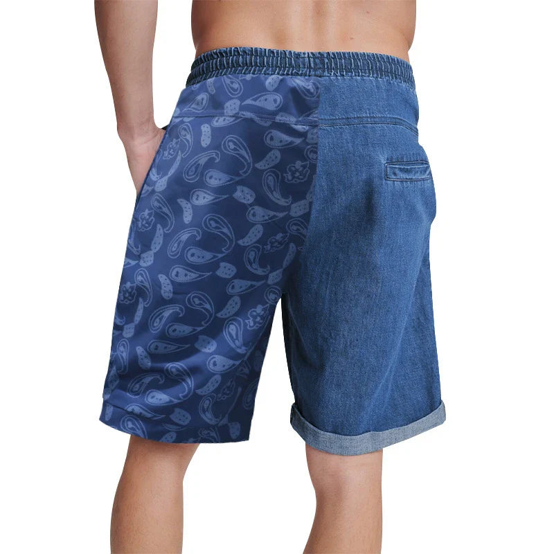 Relaxed-fit sports shorts in light blue and denim blue mosaic patterns, designed for casual everyday wear
