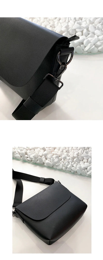Black PU leather messenger bag with adjustable strap and zippered pockets, a stylish and practical accessory for British gentlemen