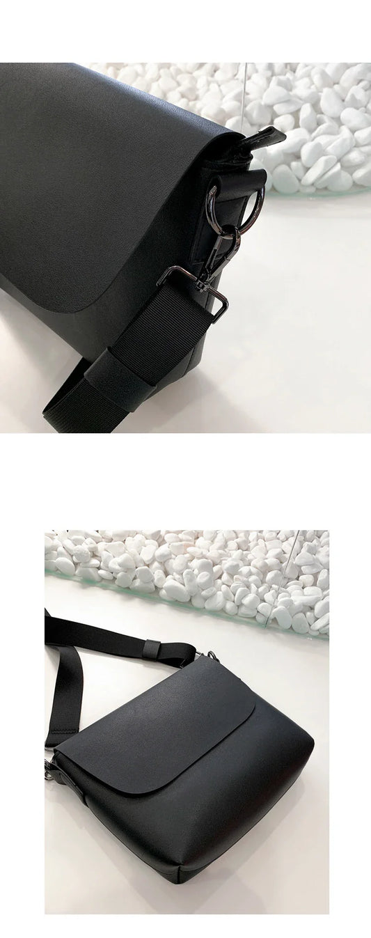 Black PU leather messenger bag with adjustable strap and zippered pockets, a stylish and practical accessory for British gentlemen