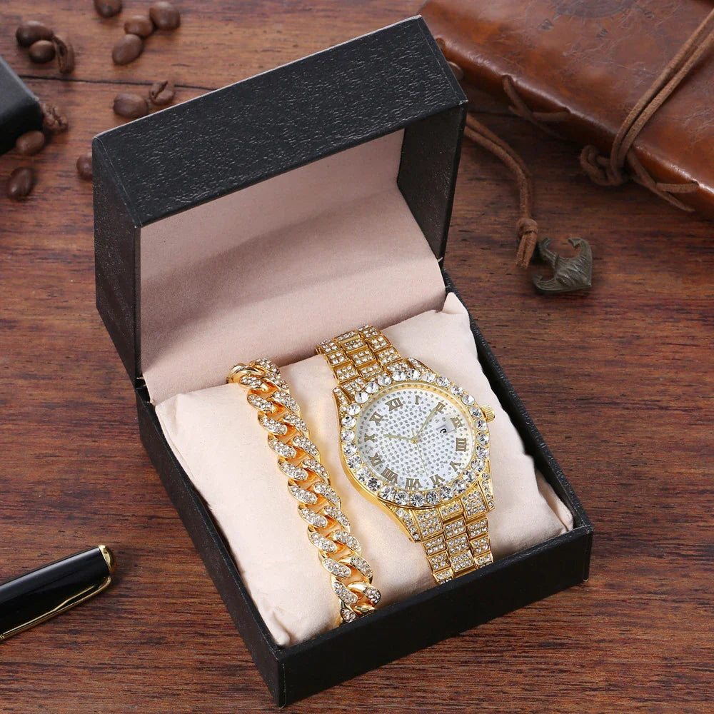 Stylish diamond-encrusted watch with stainless steel chain, available in gold, silver, and rose gold finishes