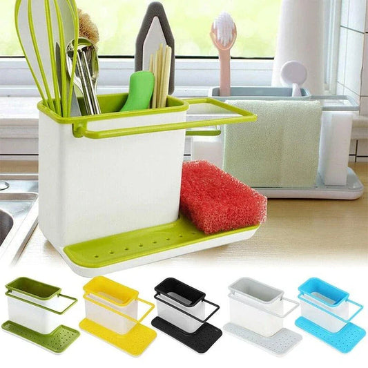 A premium multifunctional kitchen organiser with storage compartments, a towel rail, and a drip tray for keeping your sink area tidy and organised.