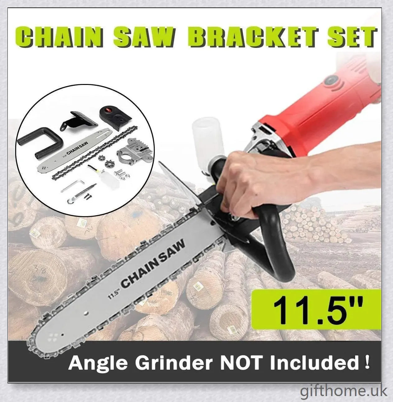 Angle grinder with attached chainsaw bracket, suitable for cutting wood, trees, and other DIY projects