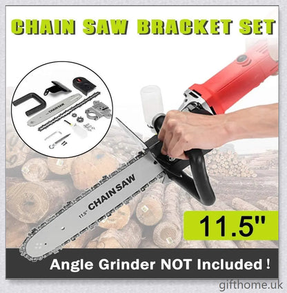 Angle grinder with attached chainsaw bracket, suitable for cutting wood, trees, and other DIY projects