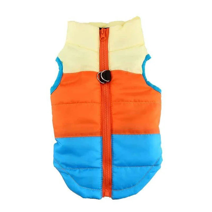 A cosy and stylish winter jacket for pets, featuring vibrant printed patterns and a snug, comfortable fit.