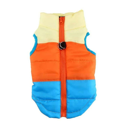 A cosy and stylish winter jacket for pets, featuring vibrant printed patterns and a snug, comfortable fit.