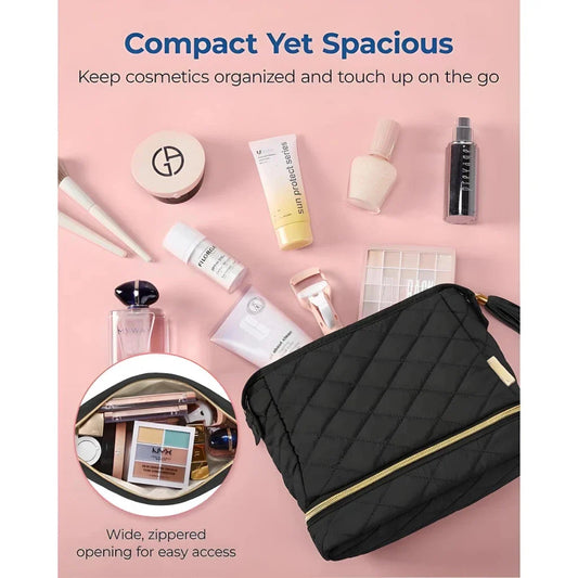 Double Layer Makeup Cosmetic Bag in soft pink colour with stylish tassel zippers and secure side clasps