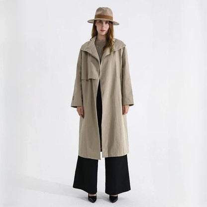 Elegant autumn long trench coat with stand collar and waist bandage in solid pattern and sleek design