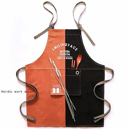 A stylish and practical Nordic-inspired canvas barista apron with a spacious front pocket and adjustable neck strap for a comfortable fit.