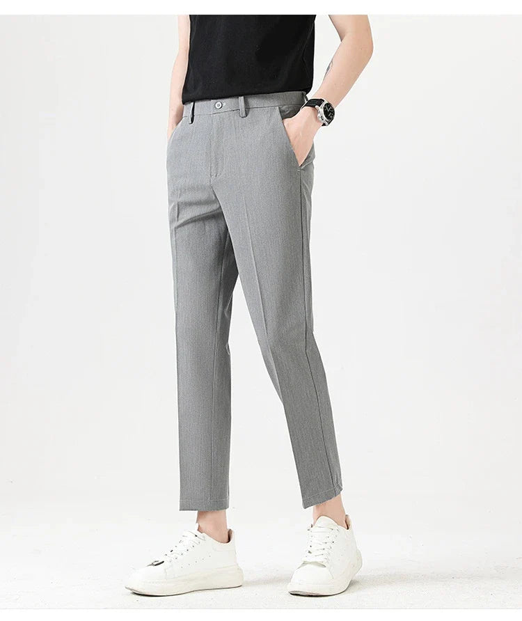 Men's sophisticated stretch trousers with tailored pencil fit, available in a range of classic colours