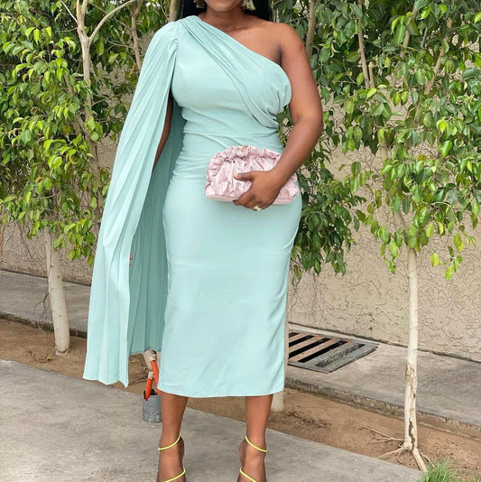Sophisticated one-shoulder plus size evening dress with an alluring asymmetric neckline and figure-flattering silhouette
