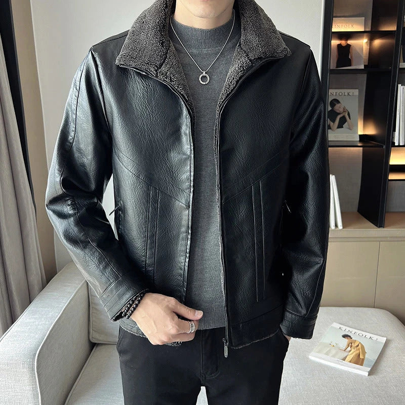 Premium plus-size leather jacket in classic Hong Kong style with velvet padding for exceptional comfort and warmth