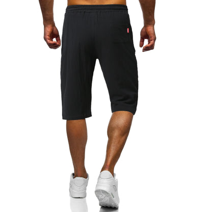 Men's casual linen-cotton cropped trousers in grey, green, and black colours with adjustable drawstring waist and straight-leg silhouette