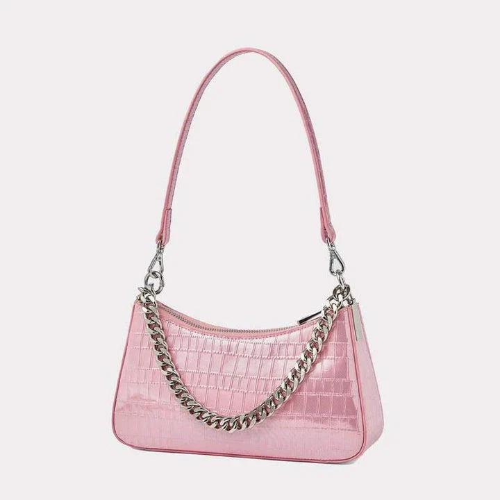 Luxurious alligator-embossed leather shoulder bag with chain accent and stylish lock embellishment