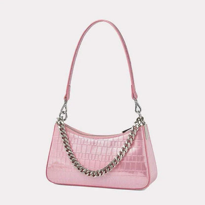 Luxurious alligator-embossed leather shoulder bag with chain accent and stylish lock embellishment