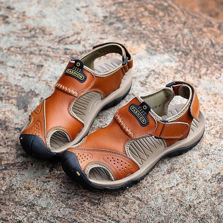 Premium split leather casual sandals with flexible rubber sole and MD cushioning for all-day comfort and style