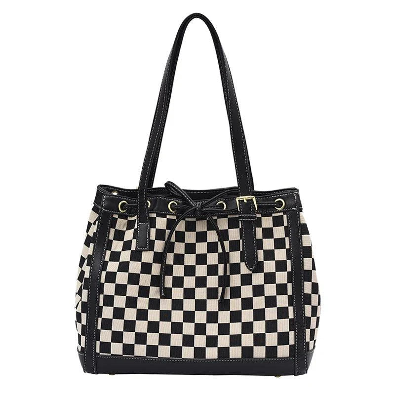 Stylish contrast colour tote bag with chic checkerboard design, made from premium PU leather for durability and versatility