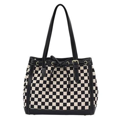 Stylish contrast colour tote bag with chic checkerboard design, made from premium PU leather for durability and versatility