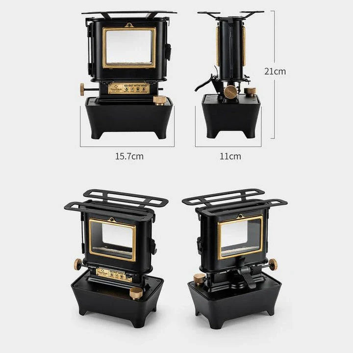 Retro Oil Lamp Stove with brass and stainless steel construction, providing warm light and ambience for outdoor activities in the UK