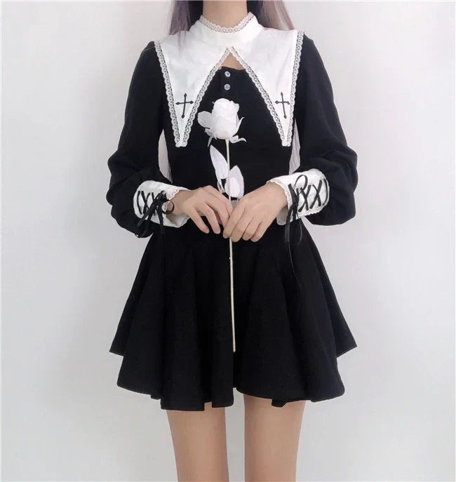 Maria Gothic Nun Dress in black with lace accents, a captivating and sophisticated dark fashion piece
