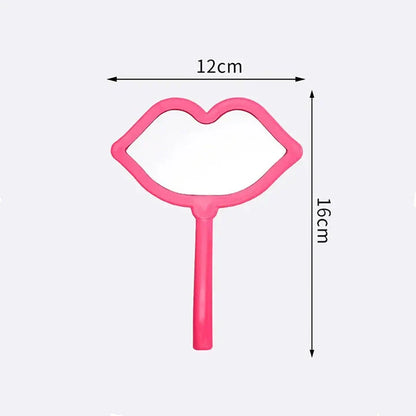 Lip-shaped handheld makeup mirror with a comfortable ergonomic handle for precise on-the-go touch-ups