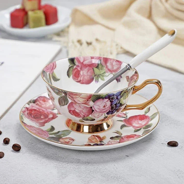 Charming floral porcelain tea set with cup, saucer, and spoon in a variety of delicate colour options