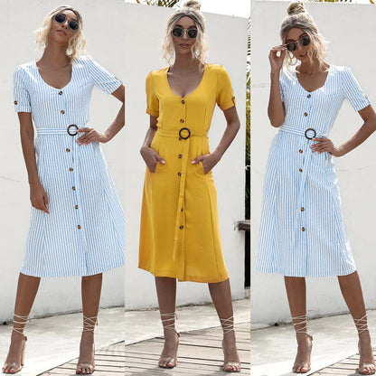 Stylish lace-up button dress in a soft, breathable cotton-blend fabric with a flattering middle waist silhouette