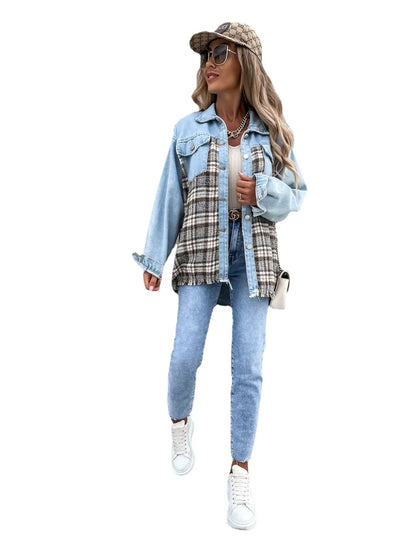 Classic denim plaid jacket with relaxed fit, made from high-quality polyester for British women.
