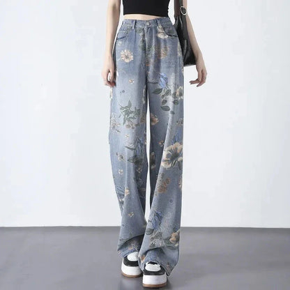 A pair of stylish painted wide-leg jeans in a high-waist design for a slimming and flattering silhouette