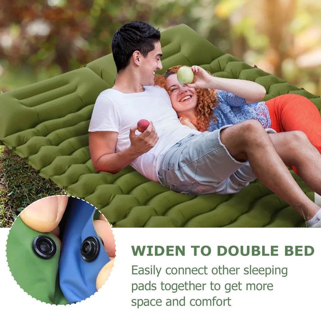 Luxury inflatable camping mattress with built-in pillow and foot pump for effortless inflation and superior comfort in the great outdoors