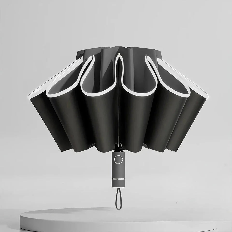 Premium auto-open reverse folding umbrella with reflective safety strip for all-weather protection