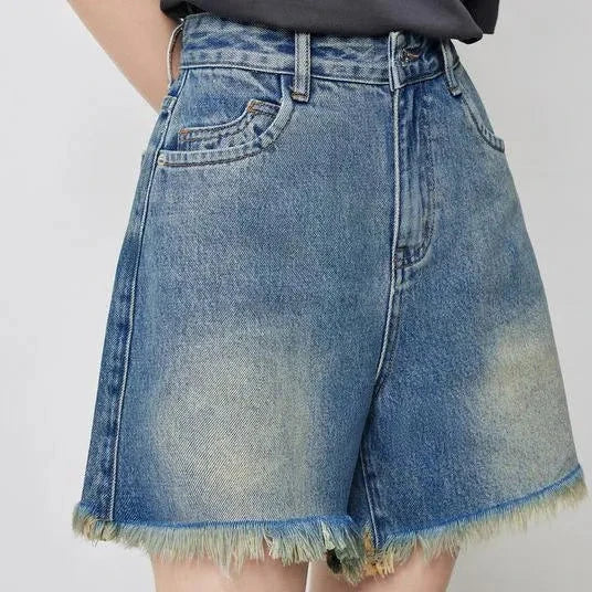 Vintage-inspired high-waisted denim shorts with tassel detailing for women