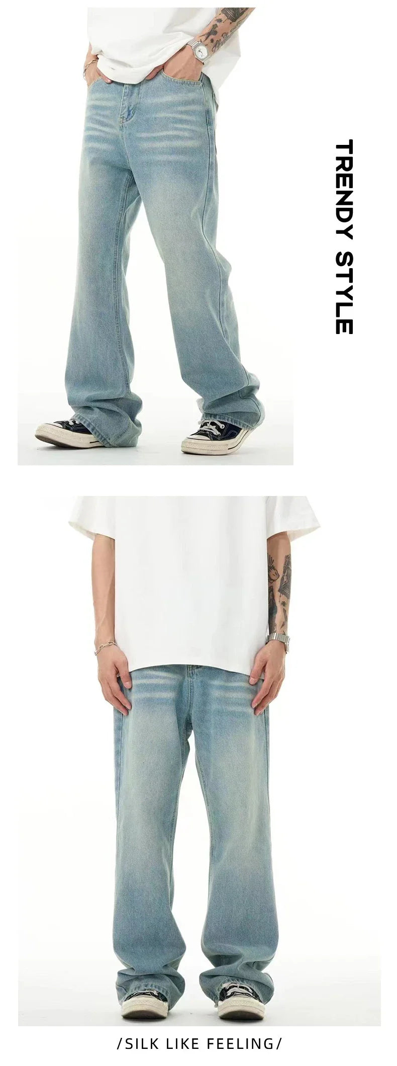Premium light blue washed relaxed fit jeans with subtle fading and distressing, made from high-quality cotton for exceptional comfort and durability.