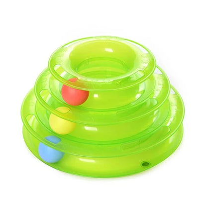 A yellow cat pyramid toy with colourful balls that encourages natural play and exploration for feline friends