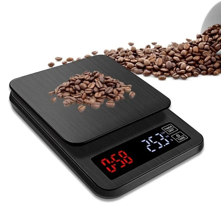 Premium digital coffee scale with LCD display, timer, and stainless steel platform for precise brewing control