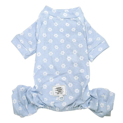 Floral cotton dog jumpsuit in blue and pink hues, providing comfort and style for your canine companion