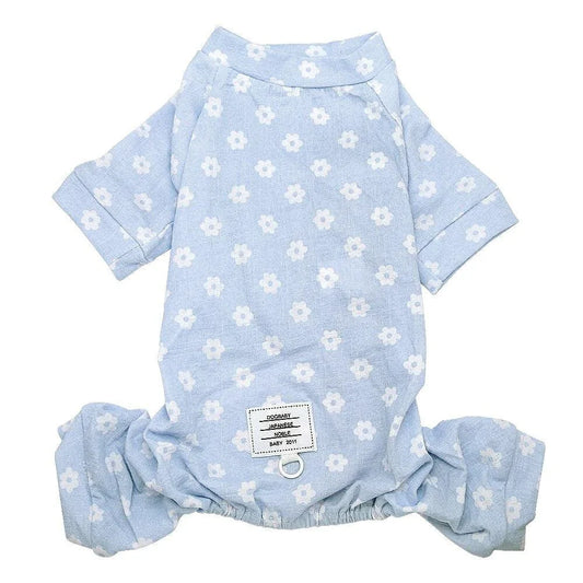 Floral cotton dog jumpsuit in blue and pink hues, providing comfort and style for your canine companion