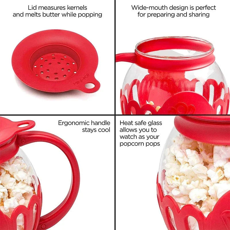 Premium microwave glass popcorn popper with silicone lid for easy steam release and portion control