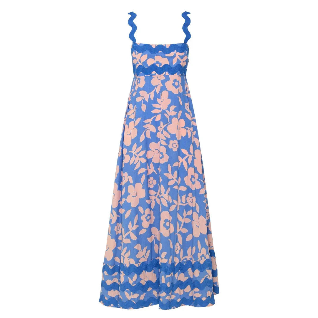 Luxurious dot print ankle-length dress with flounced edge, perfect for sophisticated style and all-day comfort.