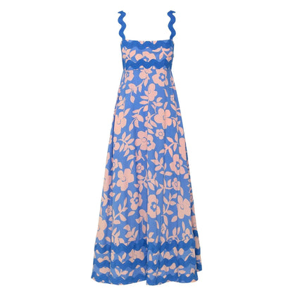Luxurious dot print ankle-length dress with flounced edge, perfect for sophisticated style and all-day comfort.