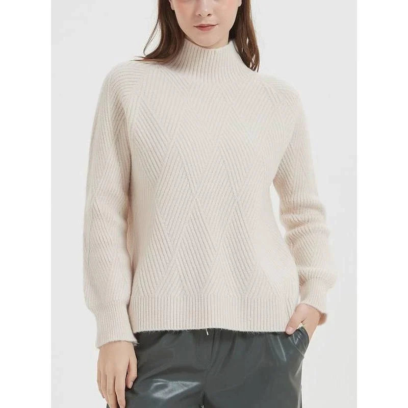 A cosy and stylish knitted turtleneck sweater in a classic beige colour, perfect for layering during the autumn and winter seasons.