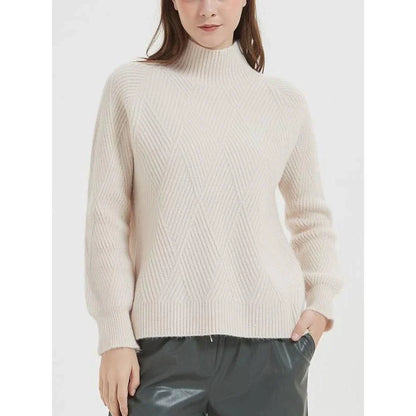 A cosy and stylish knitted turtleneck sweater in a classic beige colour, perfect for layering during the autumn and winter seasons.