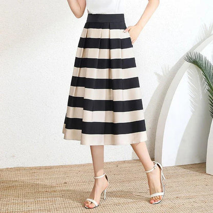 Elegant striped midi skirt with pleated design, made from premium polyester for a sophisticated and comfortable look.
