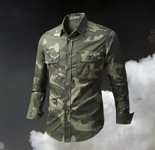 Men's long sleeve casual overalls shirt in army green, khaki, and grey colours with Japanese-inspired lapel design