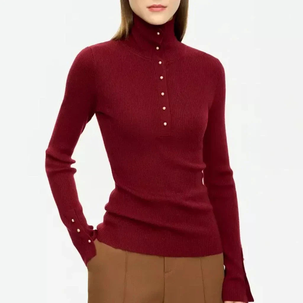 Elegant, slim-fit turtleneck sweater in various colours with chic button detail, perfect for the modern British woman's autumn wardrobe