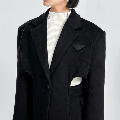 Elegant autumn-winter woollen overcoat with waist cut-out design, turn-down collar, and single-button closure