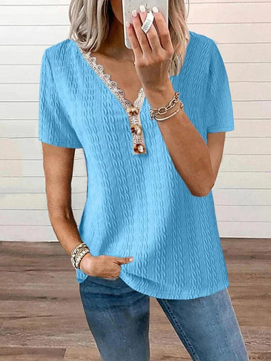 Stylish loose-fit V-neck casual T-shirt with lace detailing and button accents, available in a range of colours