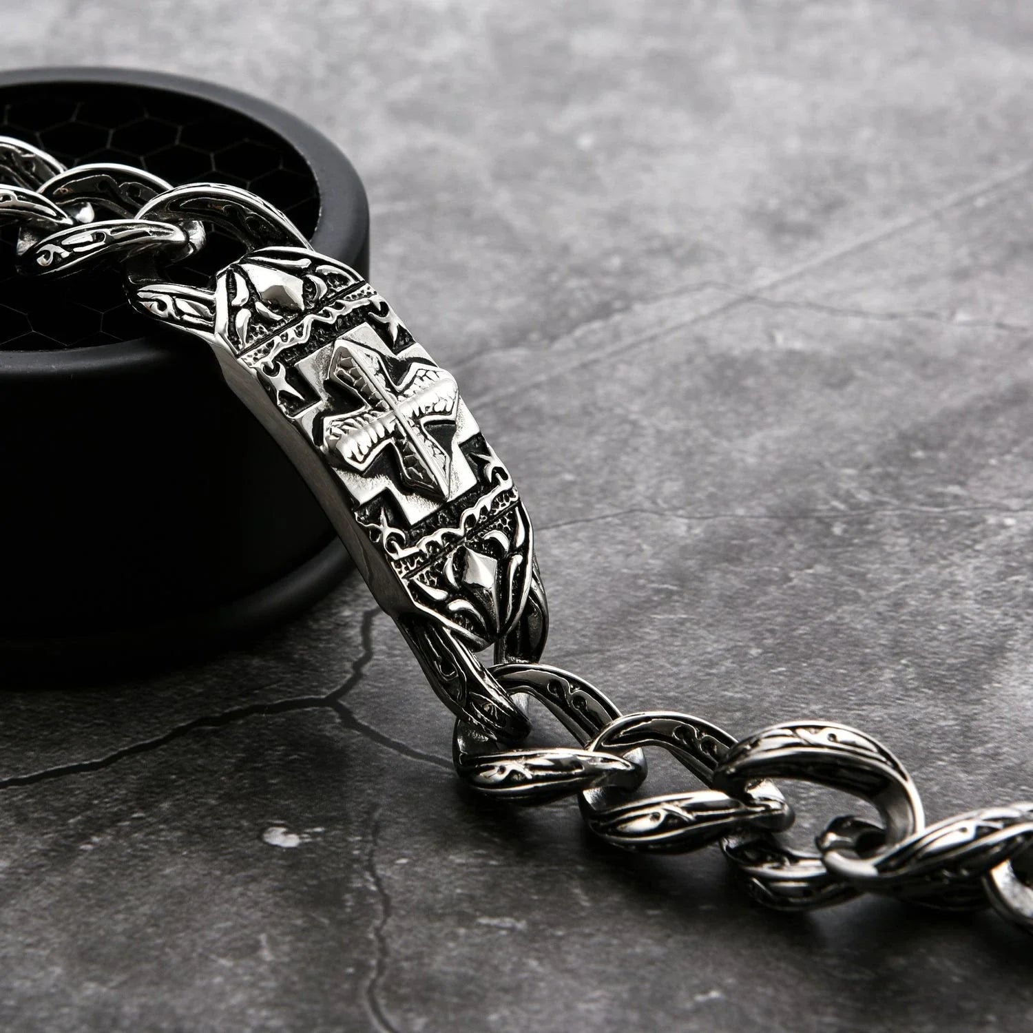 Stainless steel bracelet with a sleek cross design, a versatile and fashionable accessory for any occasion