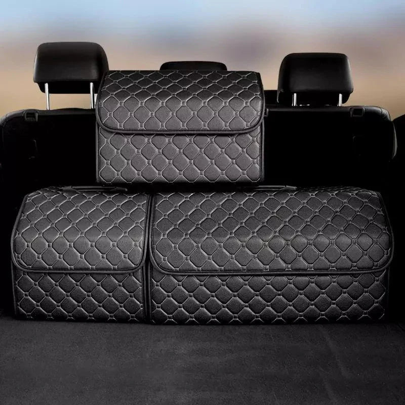 Premium collapsible leather car boot organiser in black, burgundy red, and black red colours