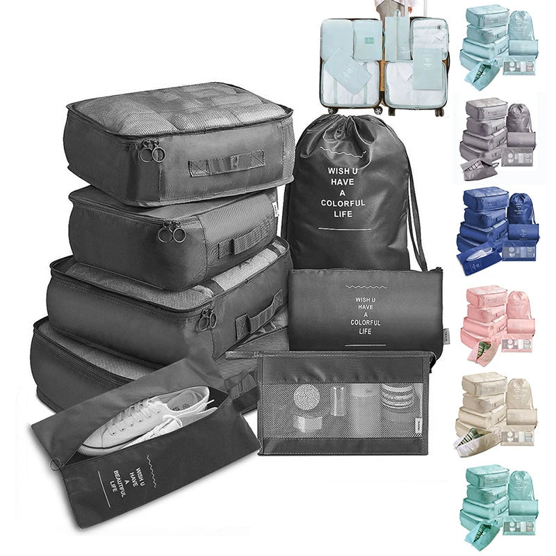 Premium 8-piece luggage organiser set made of durable, water-resistant nylon for effortless travel packing