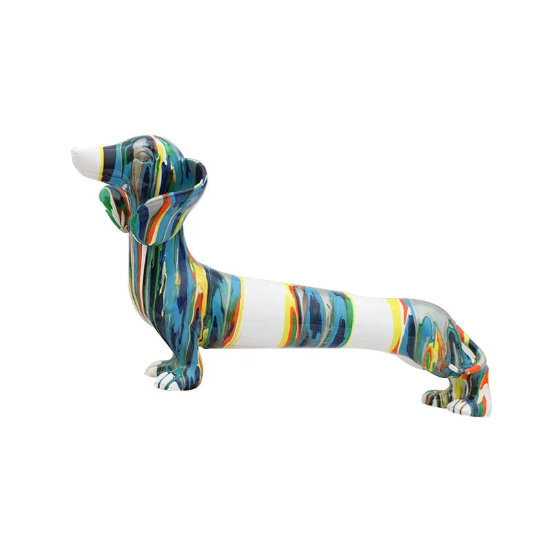 A delightful resin figurine depicting a charming Dachshund dog, featuring a modern and simplified design with vibrant colors.